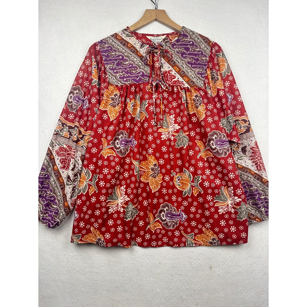 Tomorrow's Dream Blouse Womens XL Batik Patchwork Print Tie Neck Peasant Boho